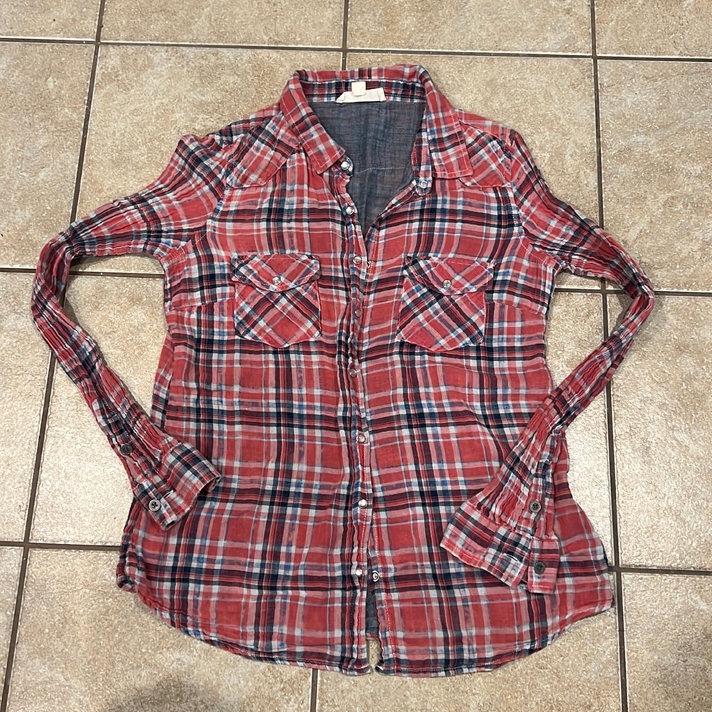 Lovestitch Bohemian Pink/Blue Flannel Snap Button Down Size Medium